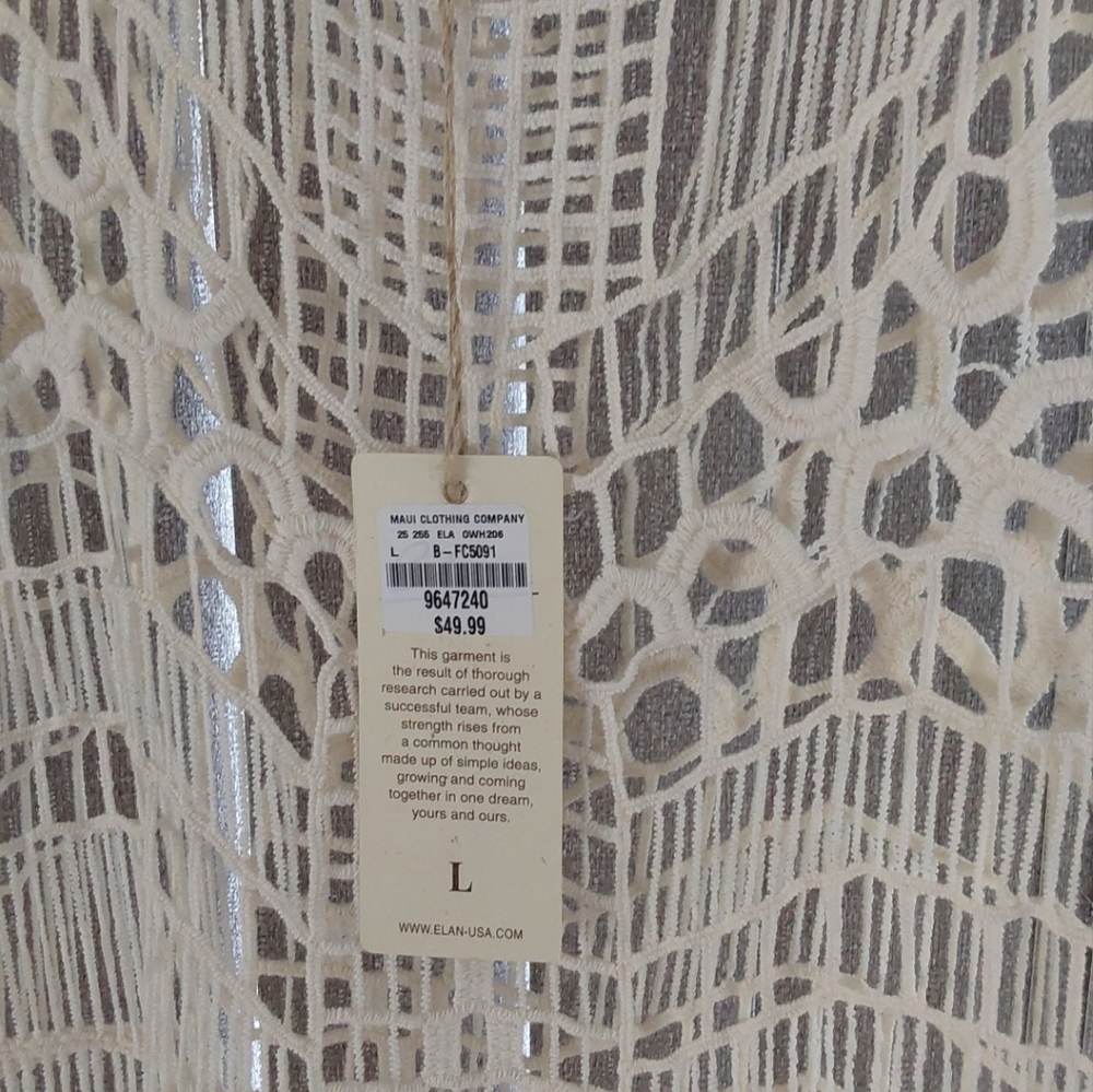 ELAN White Crochet Kimono Swim Cover-Up, US Large, NEW - Picture 3 of 4